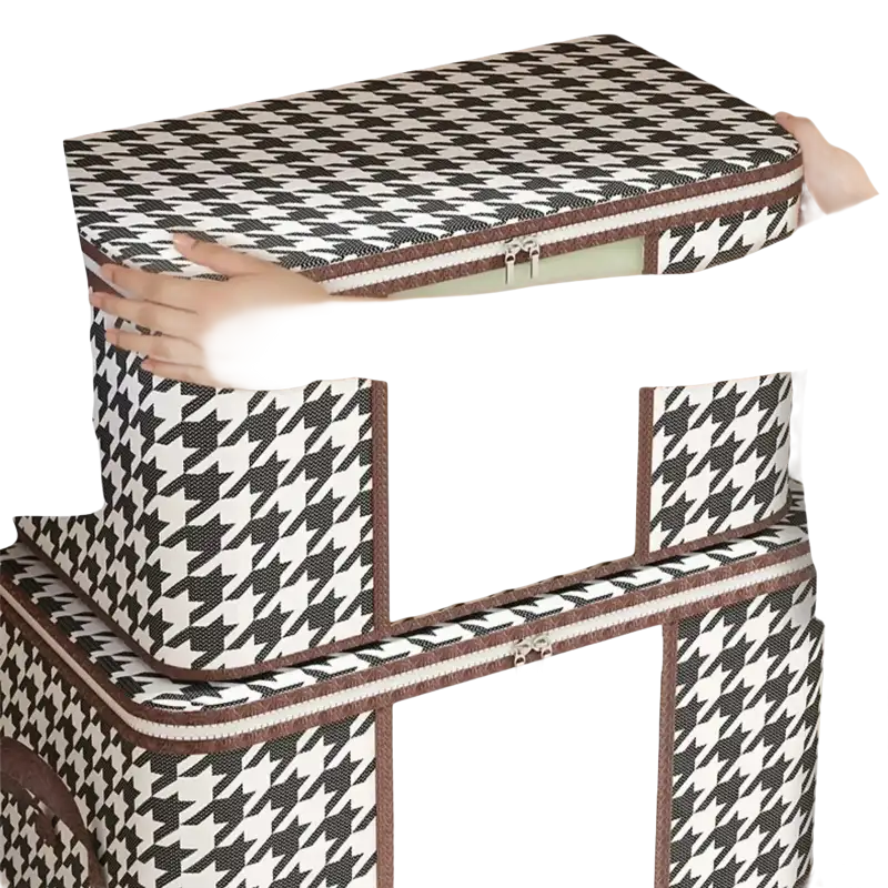 Houndstooth patterned storage boxes.