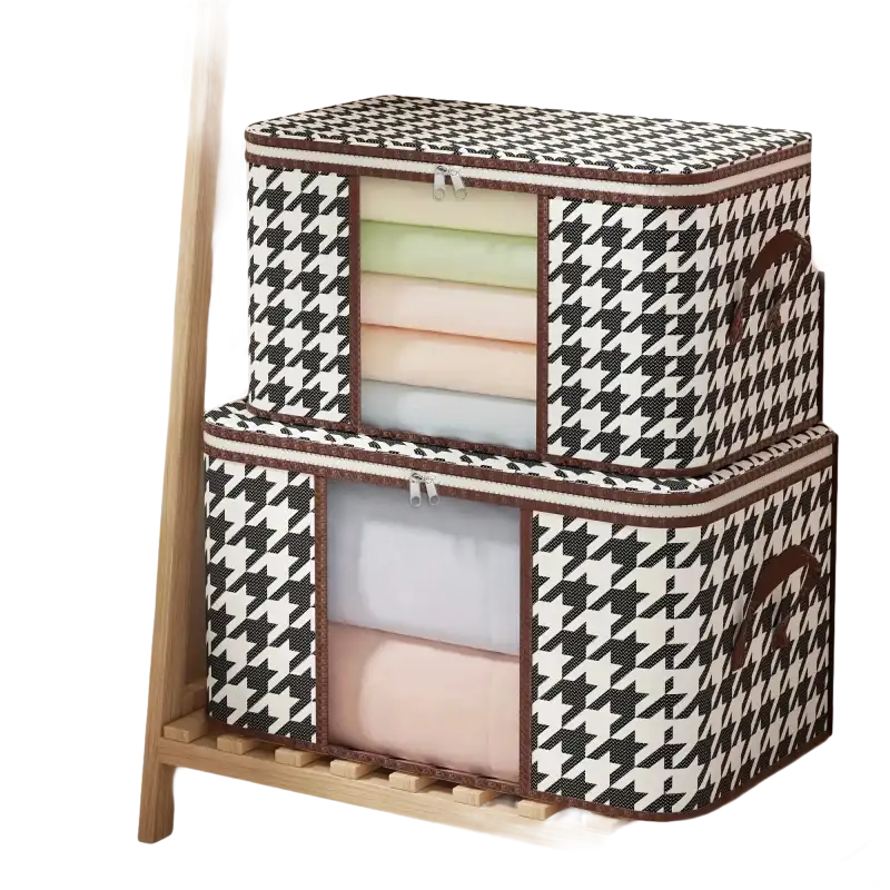 Two houndstooth storage boxes.