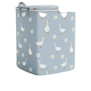 Blue laundry hamper with goose and daisy pattern.