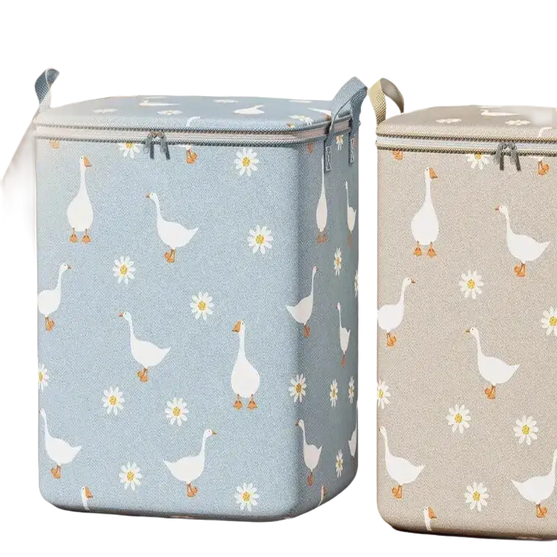 Goose-patterned, zippered storage bins.
