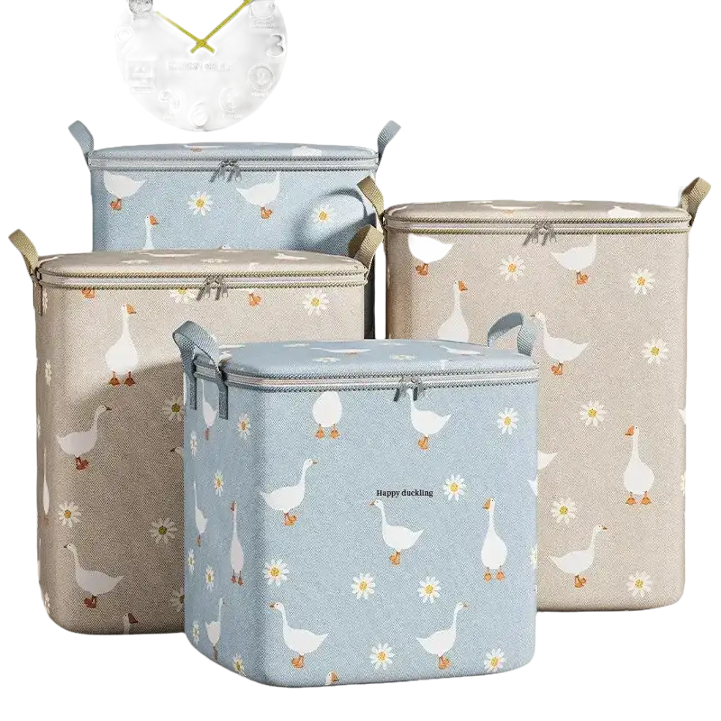 Goose-patterned, zippered storage bins.