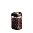 Glass jar filled with coffee beans.