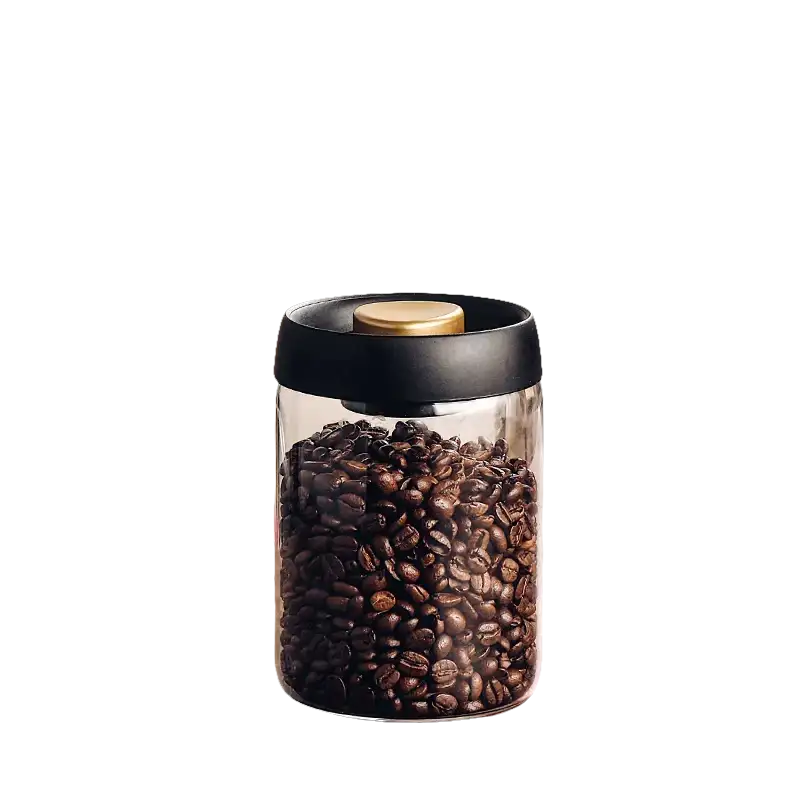 Glass jar filled with coffee beans.