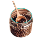 Coffee bean storage jar with wooden scoop.