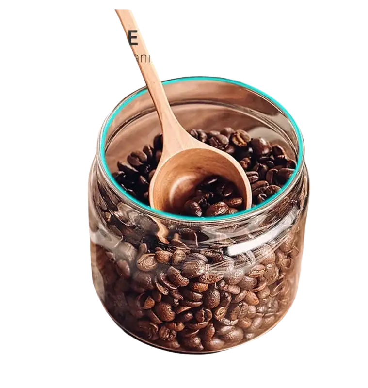 Coffee bean storage jar with wooden scoop.