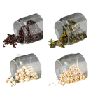 Four glass containers with various food items.