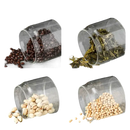 Four glass containers with various food items.