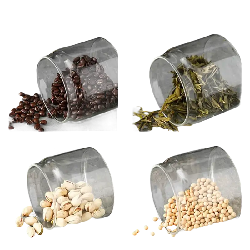 Four glass containers with various food items.