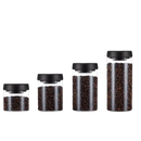 Four glass storage jars with black lids.