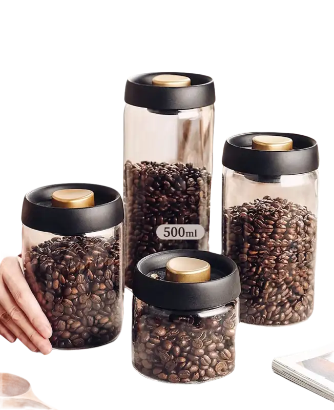 Glass storage jars with coffee beans.