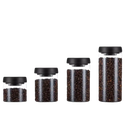 Glass storage jars with black lids.