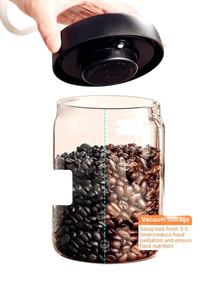 Vacuum-sealed coffee bean storage jar.