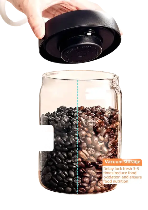 Vacuum-sealed coffee bean storage jar.