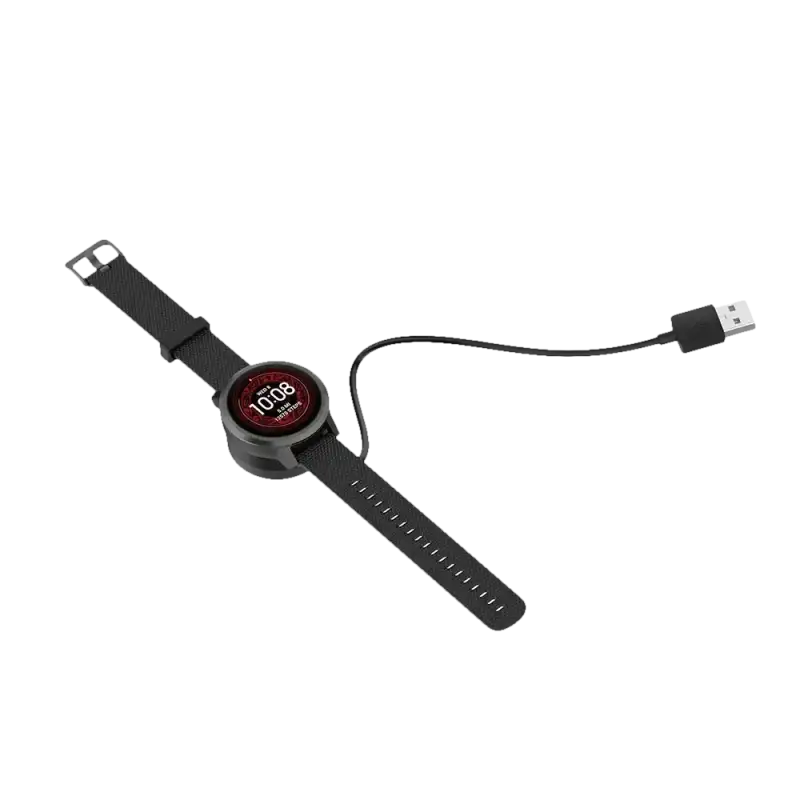 Black smartwatch on charging dock.