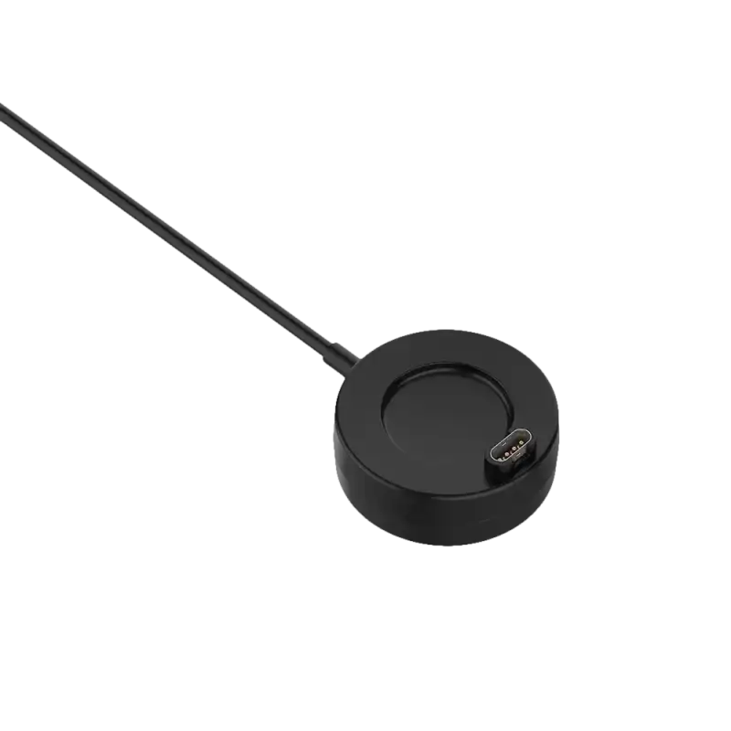Black circular charging dock with cable.