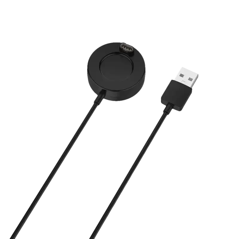 Black smartwatch charger with USB connector.