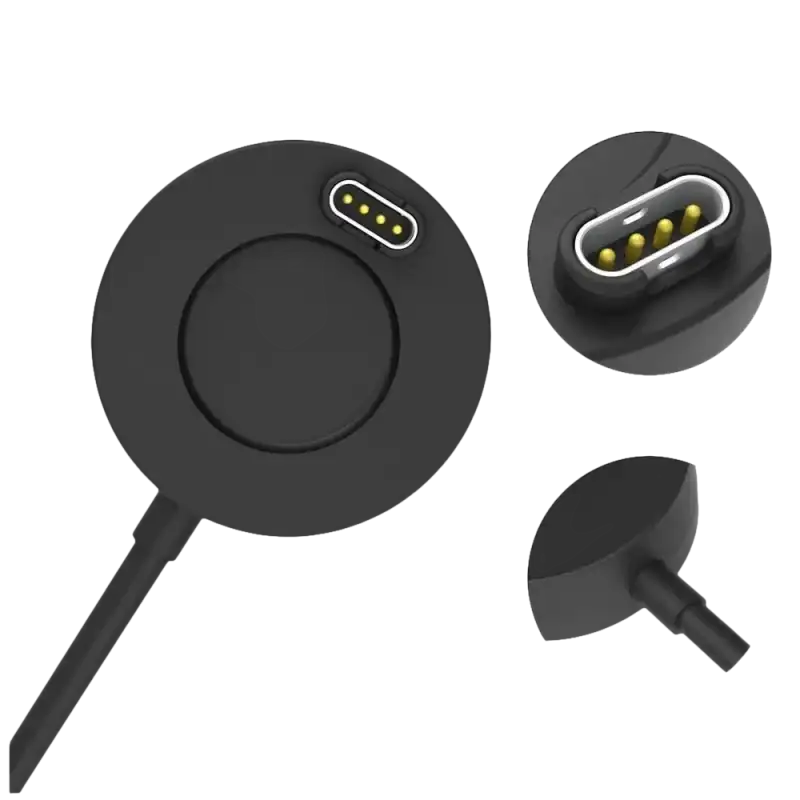 Black charging puck with gold-plated pins.