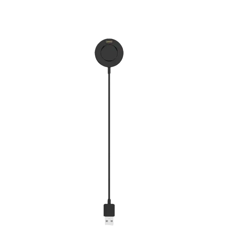 Round smartwatch charger with USB cable.