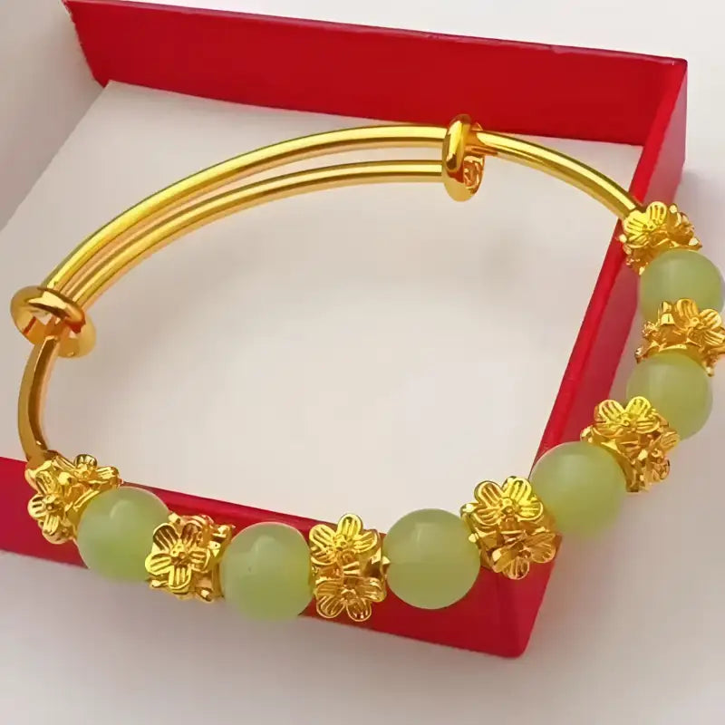 Chalcedony Blossom Brass Bracelet - Luxe Vintage Charm - Jade agate flower pushpull br