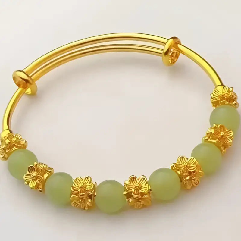 Chalcedony Blossom Brass Bracelet - Luxe Vintage Charm - Jade agate flower pushpull br