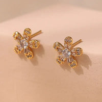 Zircon Bloom Studs: Elegant Inlaid Flower Earrings - KE0897 / 18K