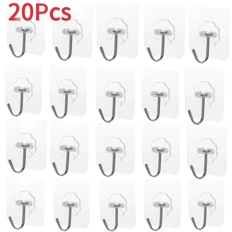 20pcs self-adhesive transparent hooks on transparent door wall hook for easy hanging