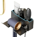 Bathroom organizer with hair dryer, shaver, and brush.