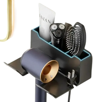 Bathroom organizer with hair dryer, shaver, and brush.
