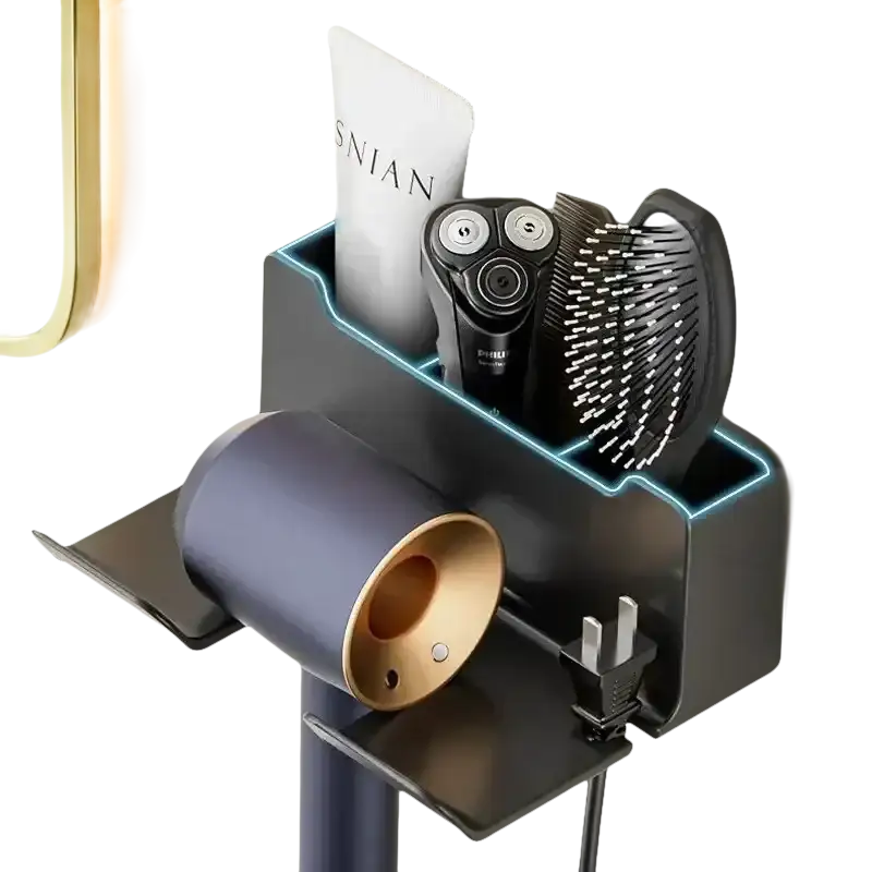 Bathroom organizer with hair dryer, shaver, and brush.