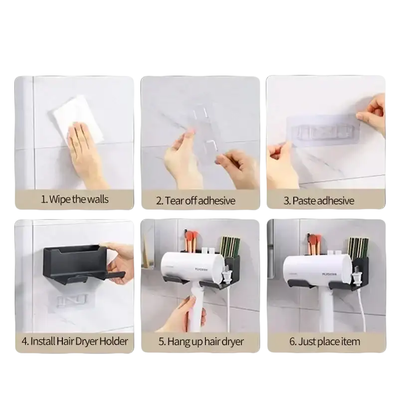 Hair dryer holder installation instructions.