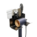 Black wall-mounted hair dryer and accessories organizer.