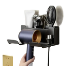Wall-mounted hair dryer and accessory organizer.