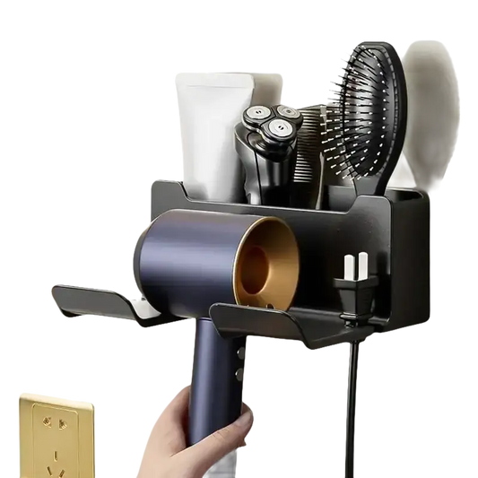 Wall-mounted hair dryer and accessory organizer.