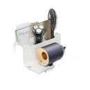 Wall-mounted hair dryer and accessory organizer.