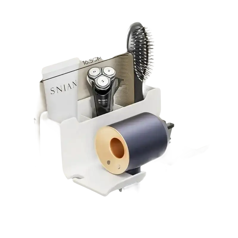 Wall-mounted hair dryer and accessory organizer.