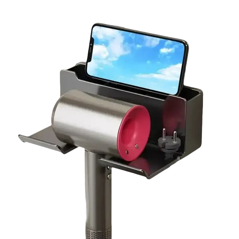 Wall-mounted hair dryer holder with phone slot.