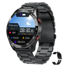 Black smart watch with metal band.
