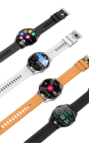 Four smartwatches with different colored bands.