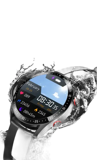 Waterproof smartwatch with fitness tracking features.