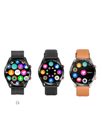 Three smartwatches with different menu styles.