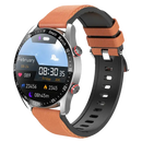 Smartwatch with a brown leather and black silicone band.