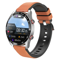 Smartwatch with a brown leather and black silicone band.