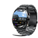 Black smart watch with metal band.