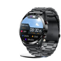Black smart watch with metal band.