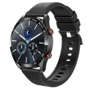 Black smart watch with leather band.