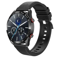 Black smart watch with leather band.