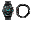 Black smart watch with specifications.