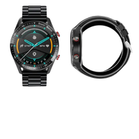 Black smart watch with specifications.