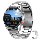 Silver smart watch with metal band.