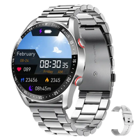 Silver smart watch with metal band.